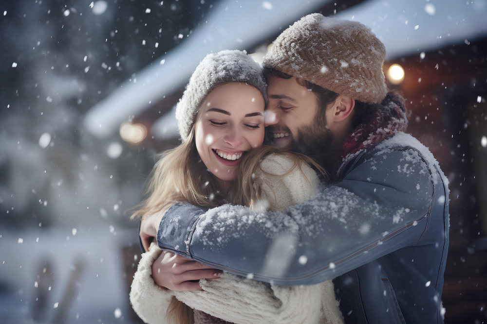 imagem feita por ia de um casal feliz na neve. A imagem representa viajar para o chile ou argentina.