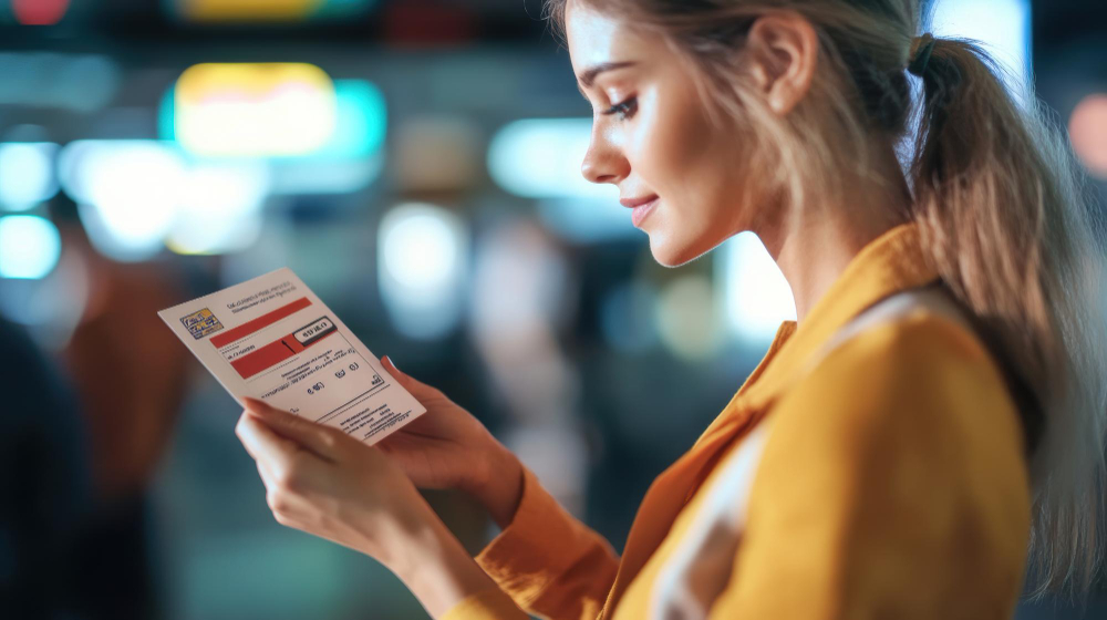 Uma mulher de perfil, segurando uma passagem aérea.