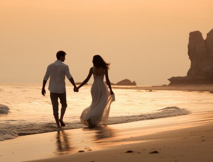 imagem feita por ia de um casal andando na praia. A imagem representa viagem de lua de mel.
