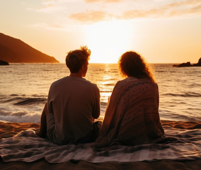 imagem feita por ia de um casal na praia vendo o sol. A imagem representa viagens baratas pelo Brasil.