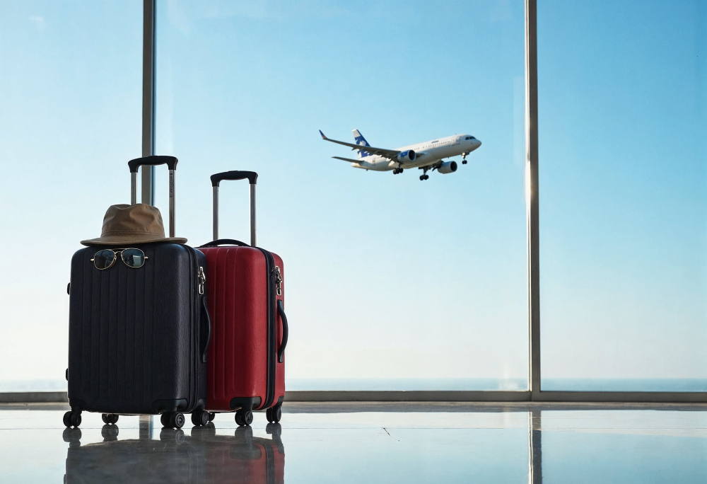 o interior de um aeroporto, com duas malas de viagem posicionadas em frente a uma grande janela de vidro. Uma mala é preta e a outra vermelha, ambas com alças estendidas. Sobre a mala preta, há um chapéu bege e um par de óculos de sol pendurado, sugerindo que o dono está se preparando para uma viagem de lazer.