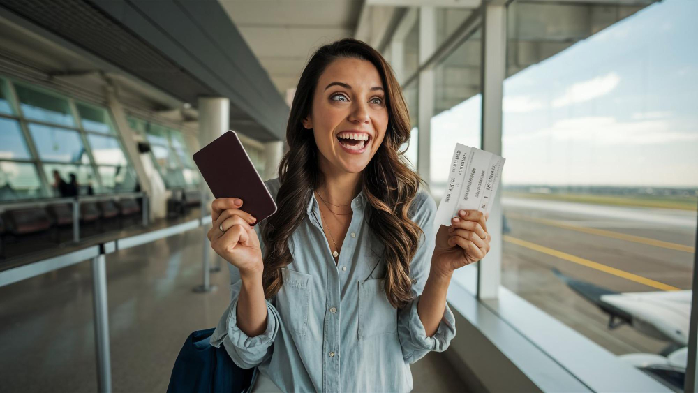 Uma mulher sorrindo em um aeroporto segurando duas passagens e um passaporte.