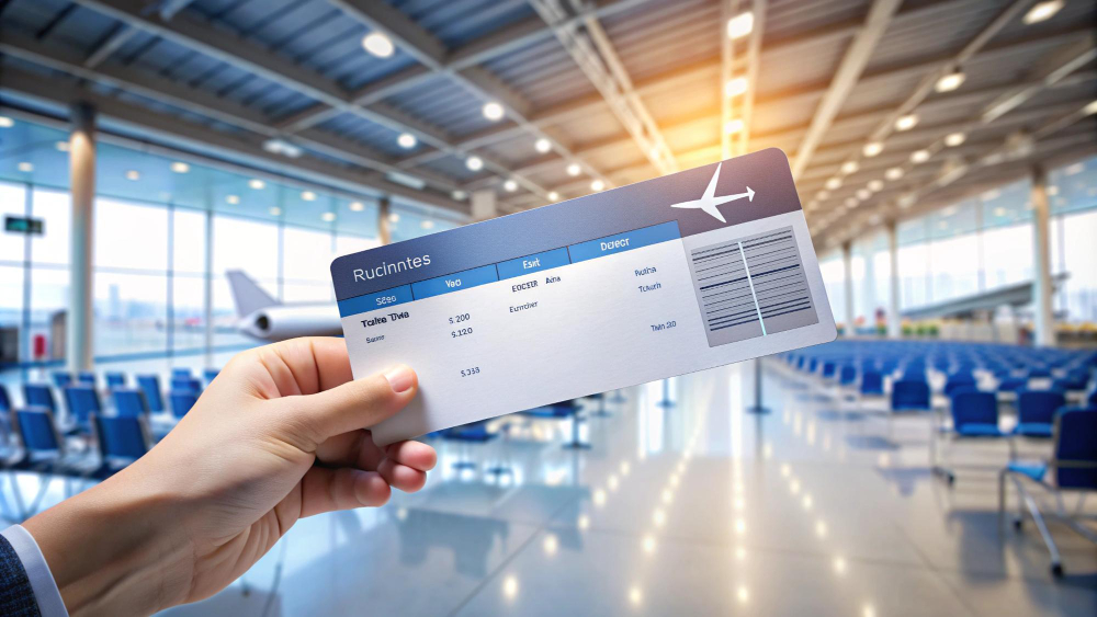 Uma mão segurando uma passagem, no fundo, um aeroporto.